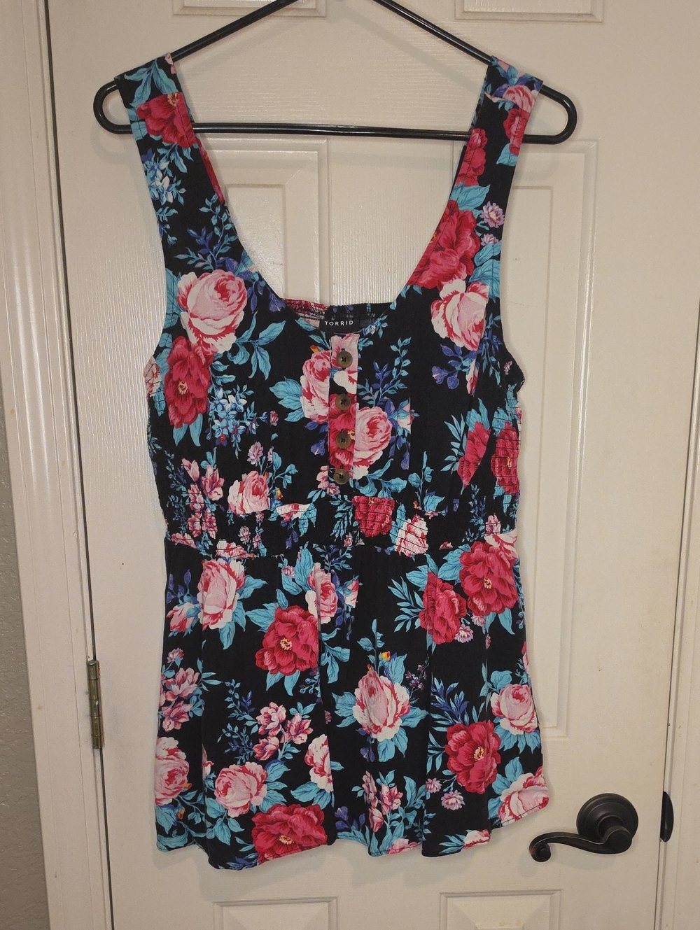 torrid Black Floral Tank Top with Pink & Teal Flowers